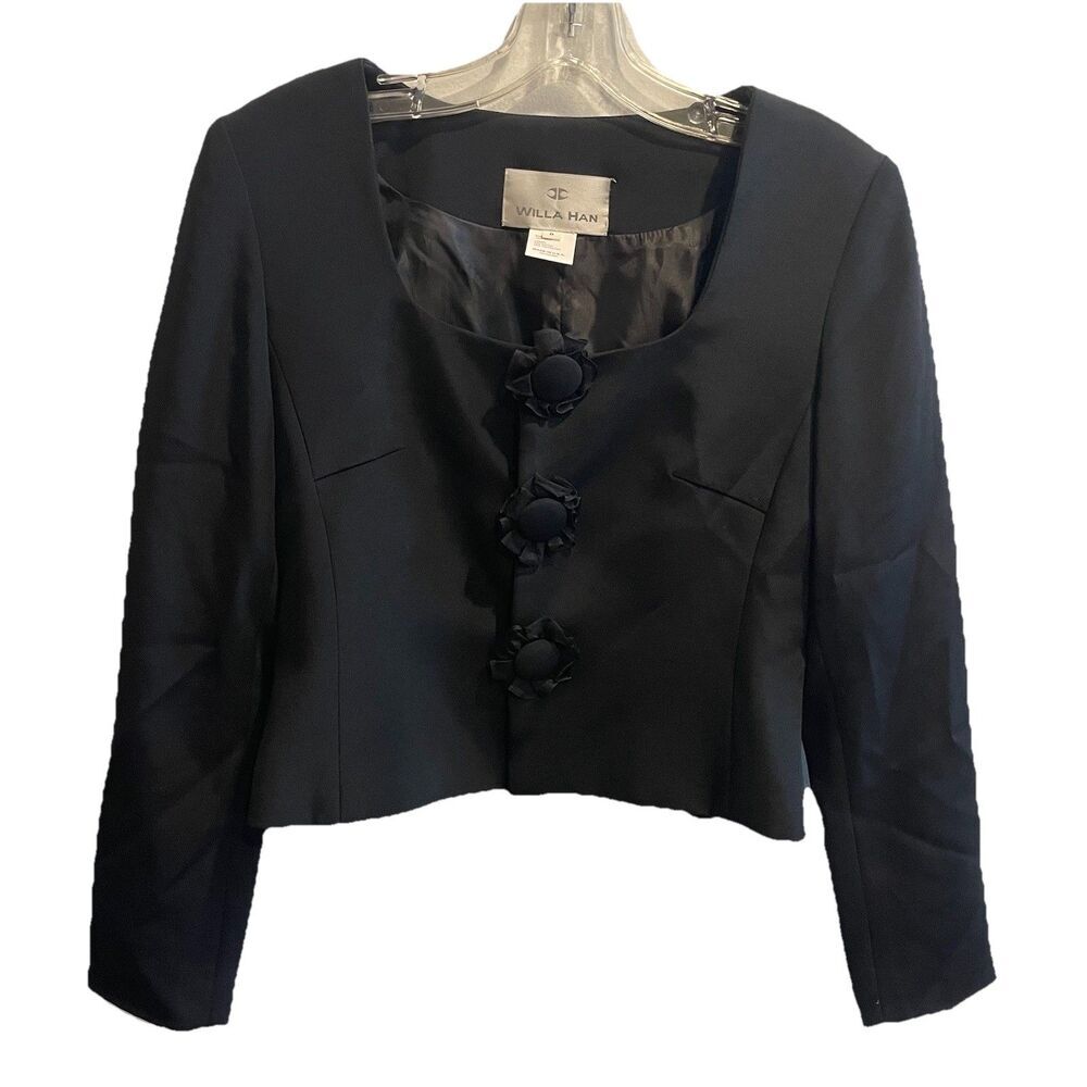 Willa Han 100% Silk Black Square Neck Blazer Jacket 8 Luxury Old Money Classic